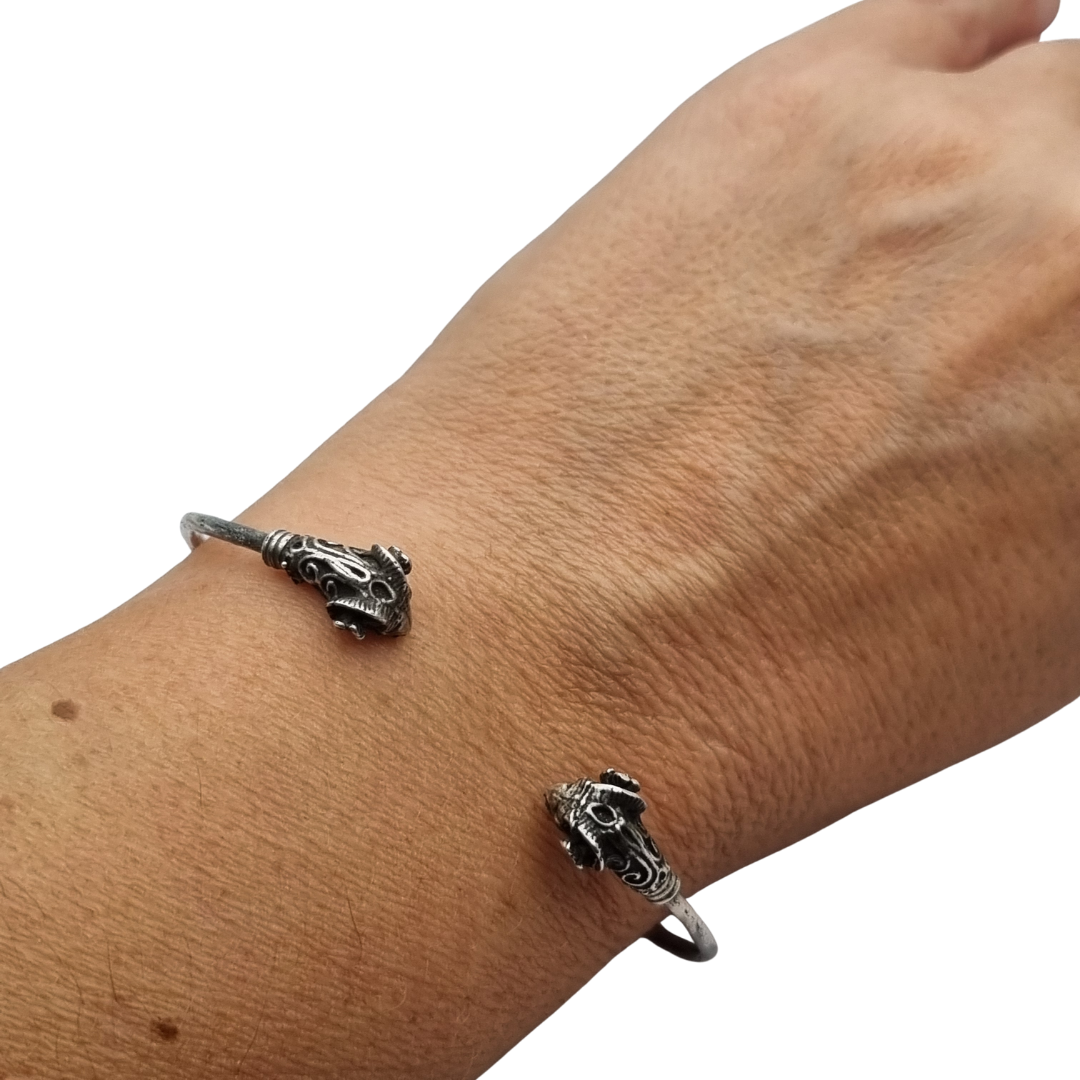 Vintage Boho 925 Silver Mexican Ram Heads Adjustable Bracelet 80s