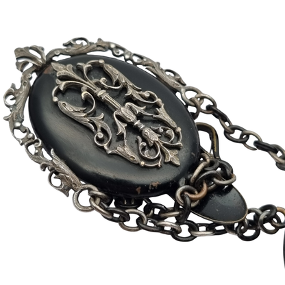 Black French Victorian watch chatelaine with chains, circa 1850-1890