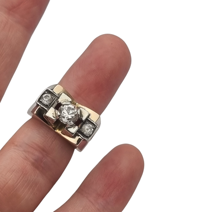 Art Deco ring in silver with gold accents and colorless stones, circa 1940–1950