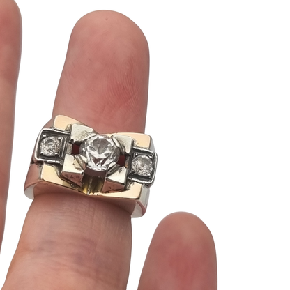 Art Deco ring in silver with gold accents and colorless stones, circa 1940–1950