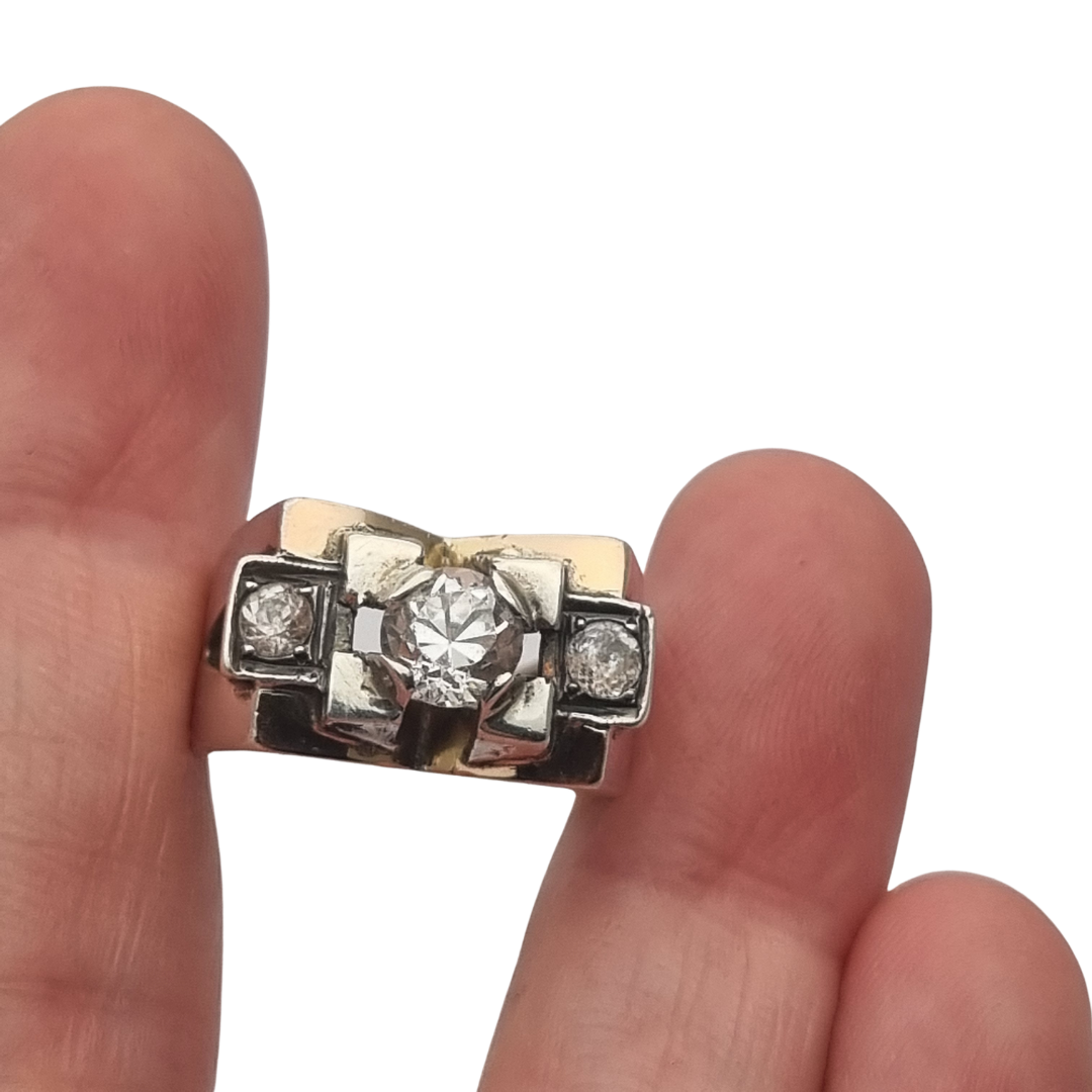 Art Deco ring in silver with gold accents and colorless stones, circa 1940–1950