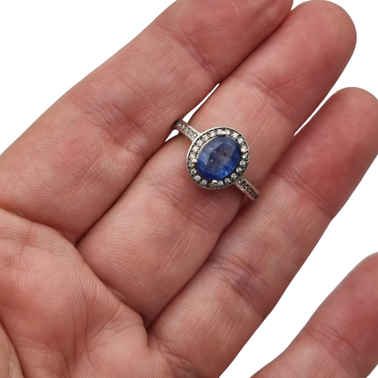 Vintage 925 sterling silver ring with blue stone, Diana style with halo, circa 1990-2000