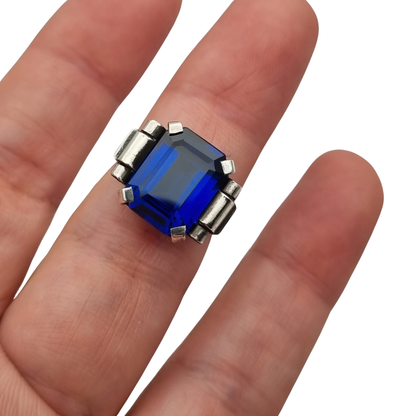Antique Art Deco silver ring with faceted blue glass, ca. 1930-1940