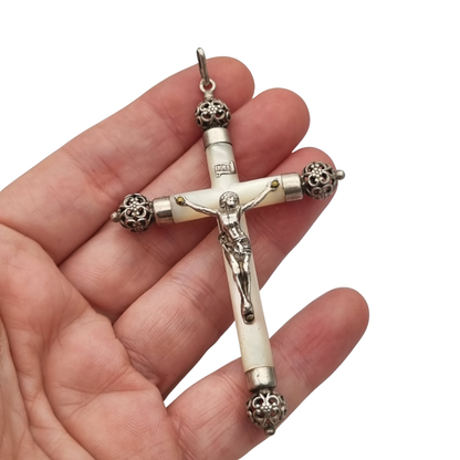 Antique silver and mother-of-pearl hanging crucifix, openwork finials of Neo-Gothic inspiration, Europe, ca. 1900–1930