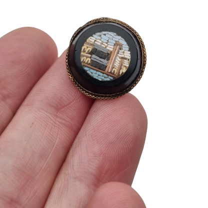 Antique Italian Grand Tour Micro-mosaic Pin on Black Glass, ca. 1880–1910