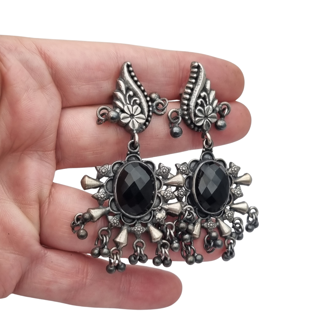 925 silver ethnic chandelier earrings with onyx, boho paisley design from India circa 1990