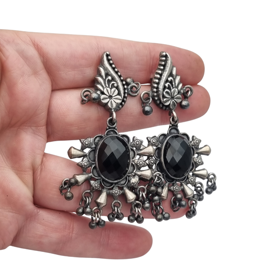 925 silver ethnic chandelier earrings with onyx, boho paisley design from India circa 1990
