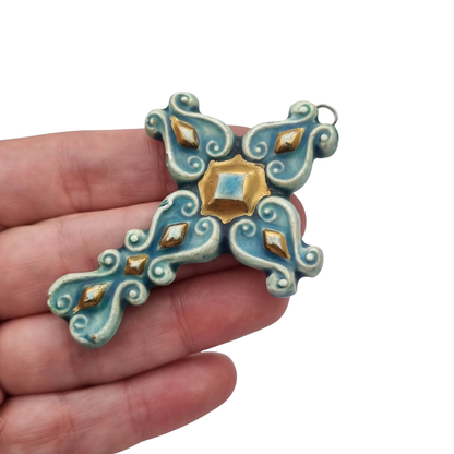 Enamelled blue and gold cross pendant France 1960s glazed ceramic