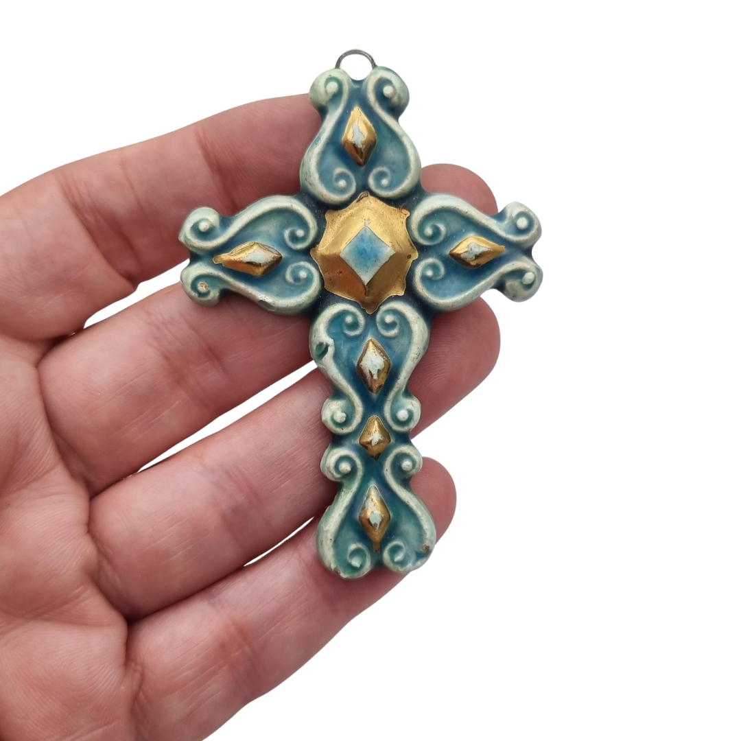 Enamelled blue and gold cross pendant France 1960s glazed ceramic