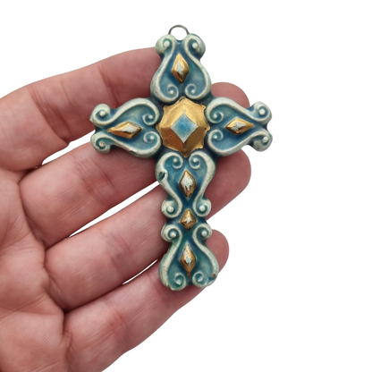 Enamelled blue and gold cross pendant France 1960s glazed ceramic