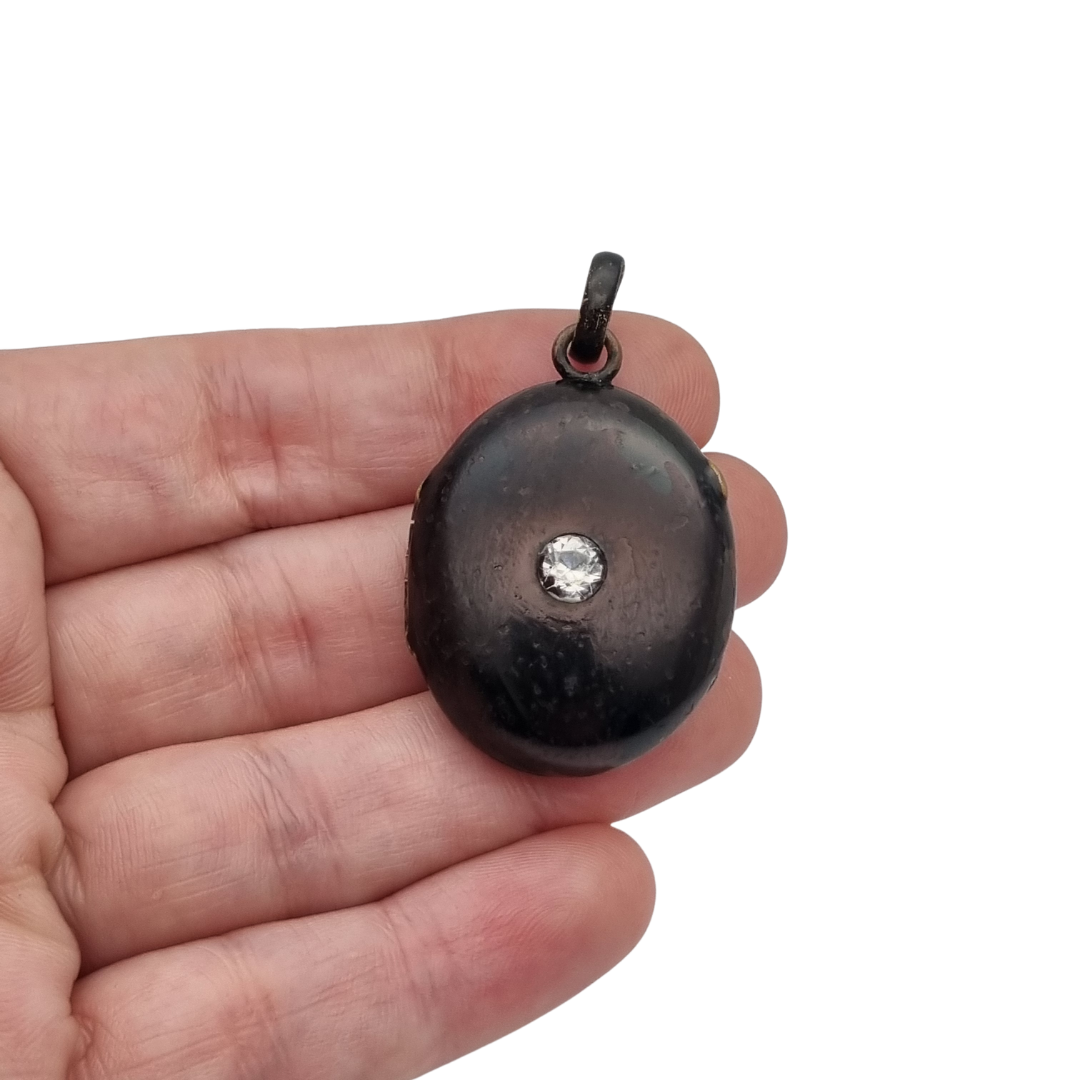 Victorian black locket with stone, mourning jewelry, circa 1890-1900