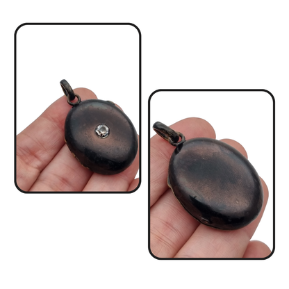Victorian black locket with stone, mourning jewelry, circa 1890-1900