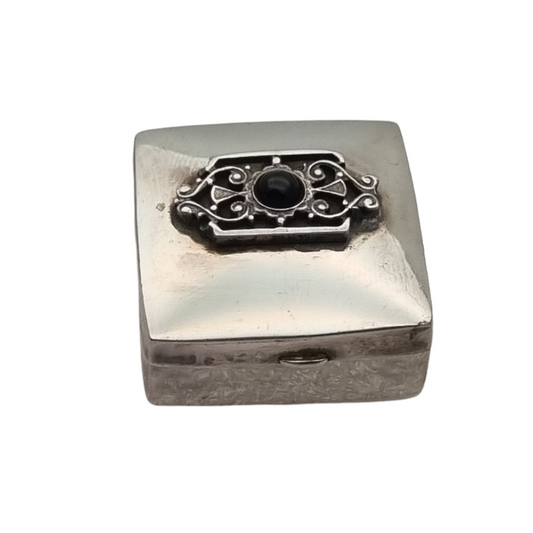 Vintage silver box with black cabochon, boho style, small decorative box, circa 1980-90