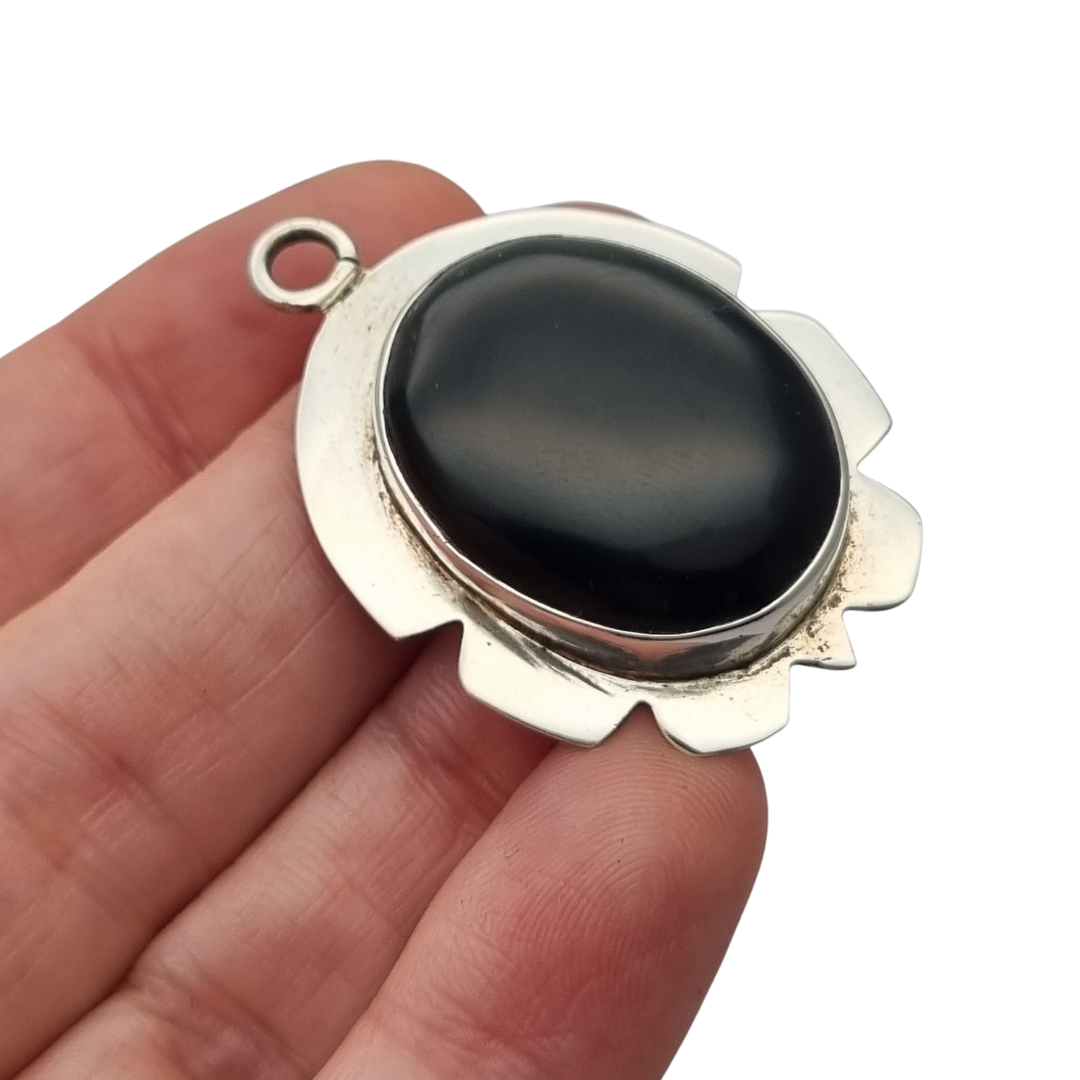925 Silver Pendant with Black Onyx, Vintage Geometric Boho Jewelry, 1980–1990s Artisan Style
