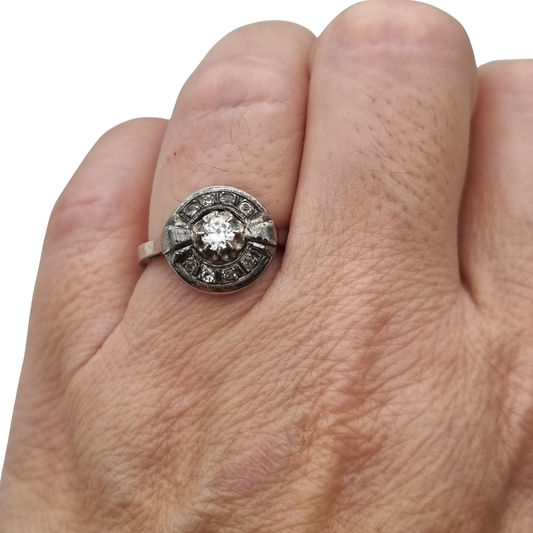 French Art Deco ring in tested silver with central crystal and rhinestones, vintage jewelry circa 1925–1950