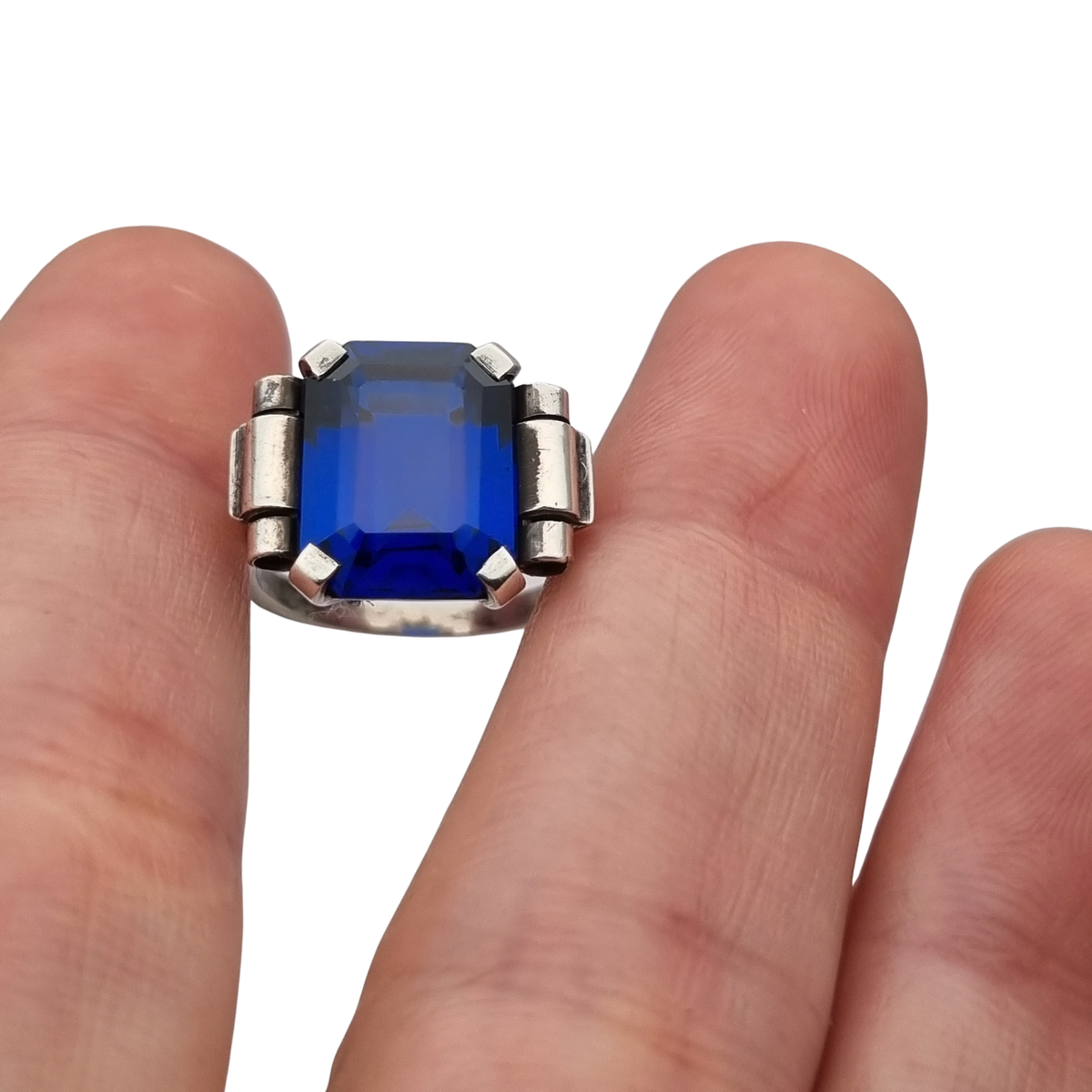 Antique Art Deco silver ring with faceted blue glass, ca. 1930-1940