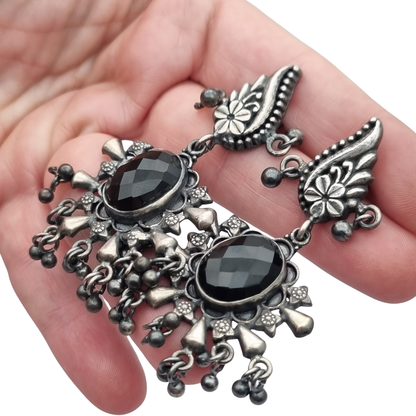 925 silver ethnic chandelier earrings with onyx, boho paisley design from India circa 1990