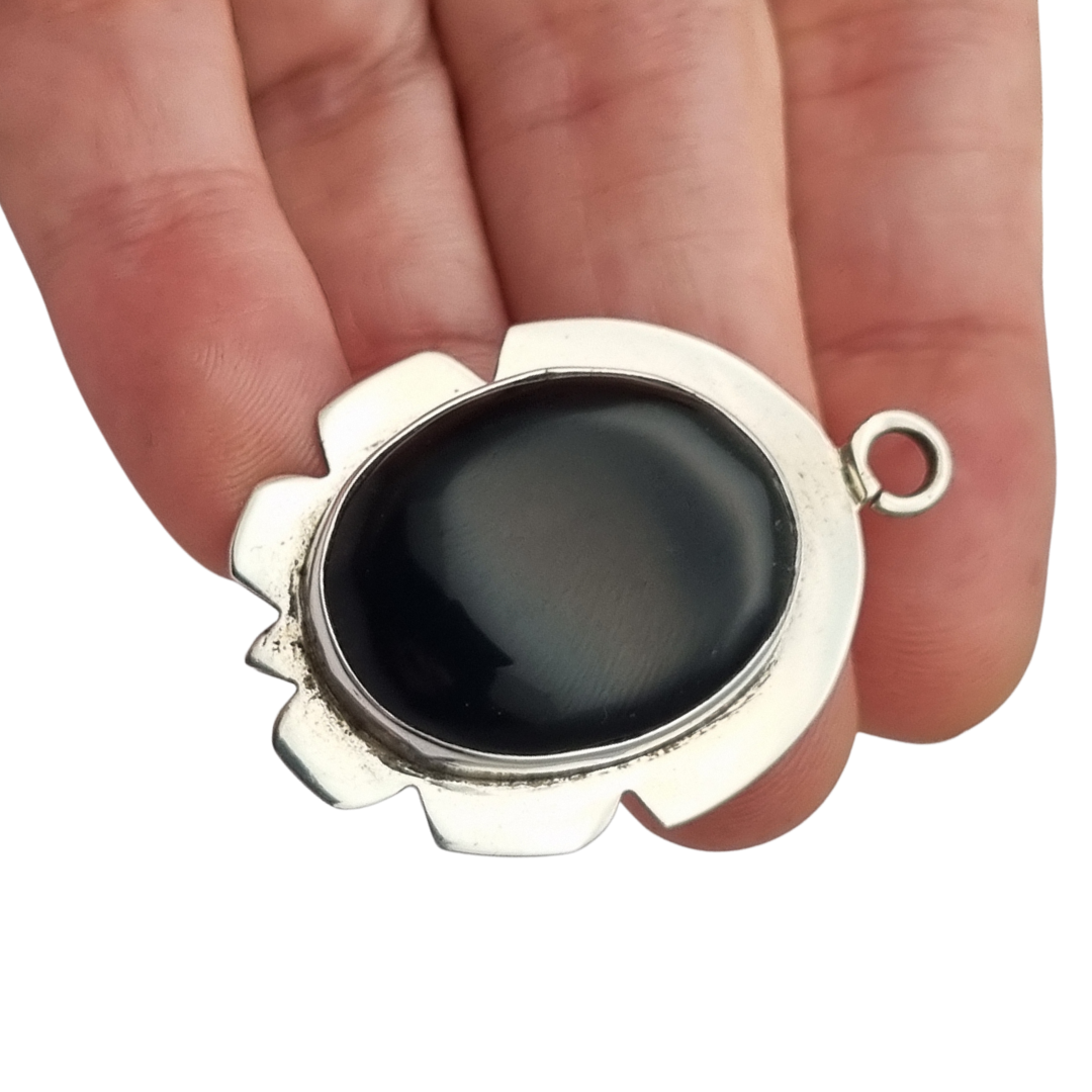 925 Silver Pendant with Black Onyx, Vintage Geometric Boho Jewelry, 1980–1990s Artisan Style