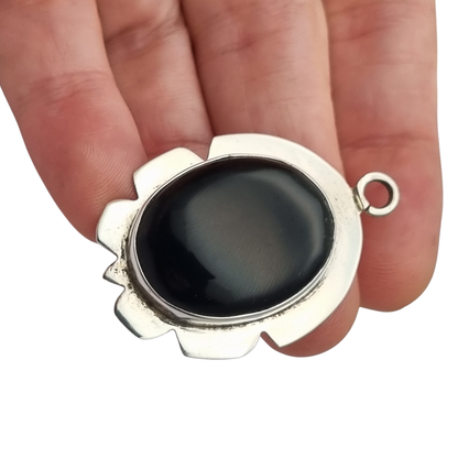 925 Silver Pendant with Black Onyx, Vintage Geometric Boho Jewelry, 1980–1990s Artisan Style