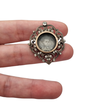 Victorian silver brooch with gold accents, painted miniature, and gemstones, France 1890-1900