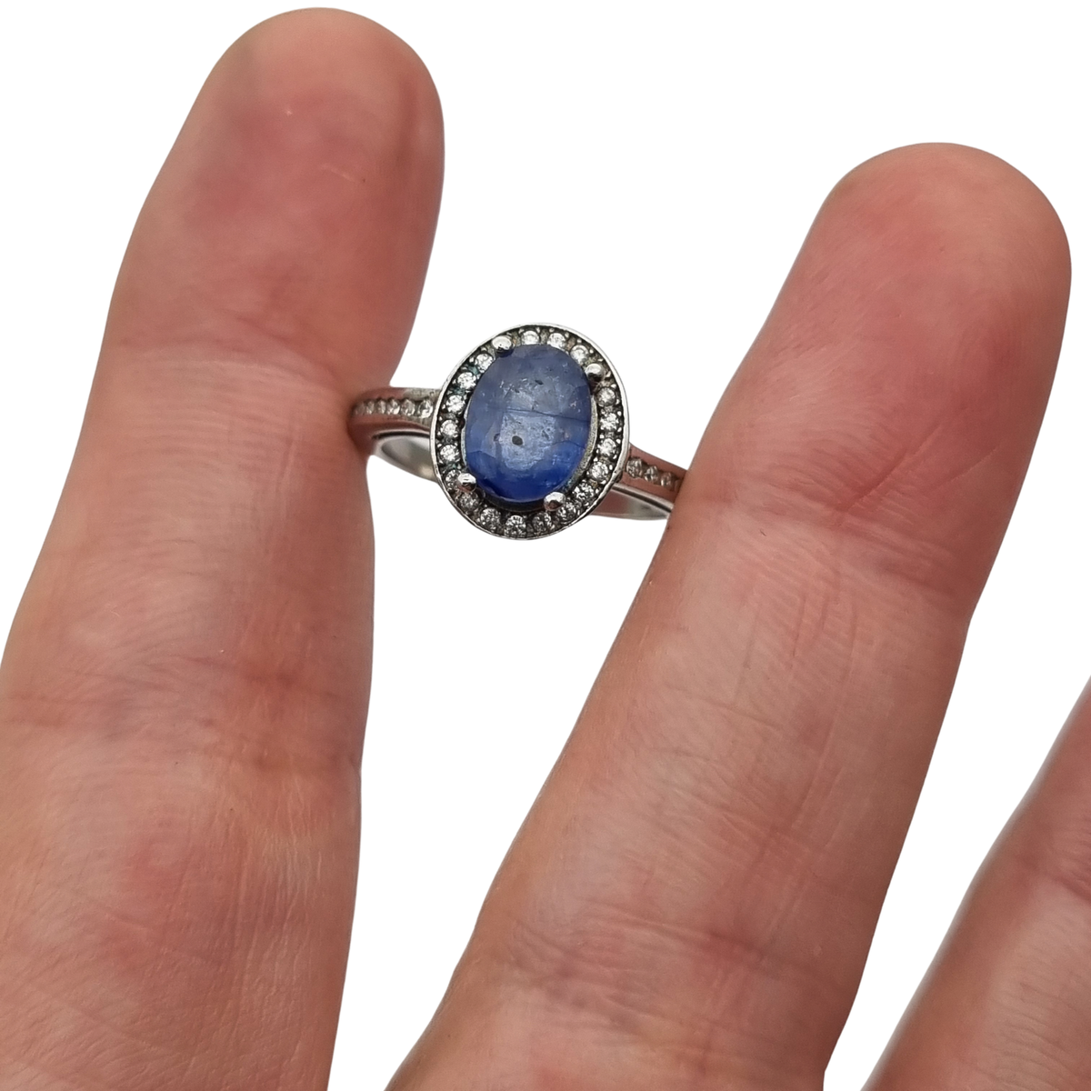 Vintage 925 sterling silver ring with blue stone, Diana style with halo, circa 1990-2000