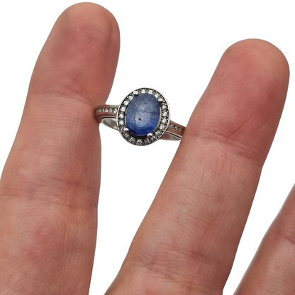 Vintage 925 sterling silver ring with blue stone, Diana style with halo, circa 1990-2000