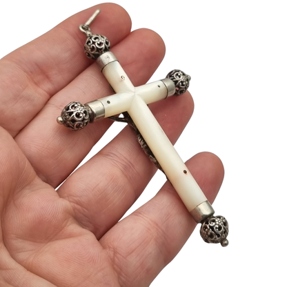 Antique silver and mother-of-pearl hanging crucifix, openwork finials of Neo-Gothic inspiration, Europe, ca. 1900–1930
