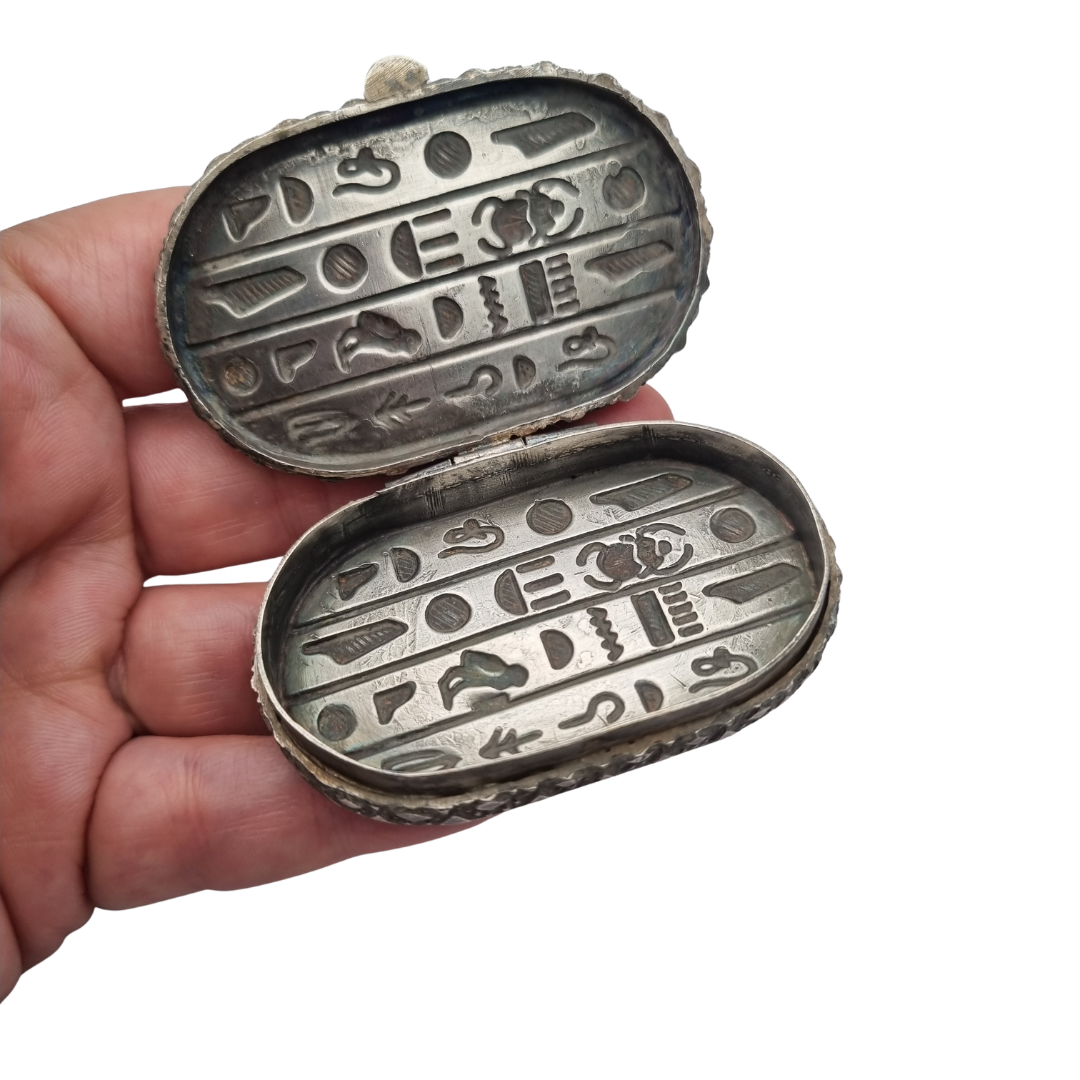 Egyptian silver box with scarab, Egyptian Revival decoration, and hieroglyphic motifs, 20th century, ca. 1945–1970