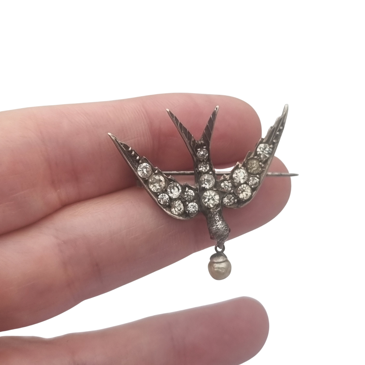 Antique Victorian Sentimental Silver Swallow Brooch with Paste and Pearl, circa 1900