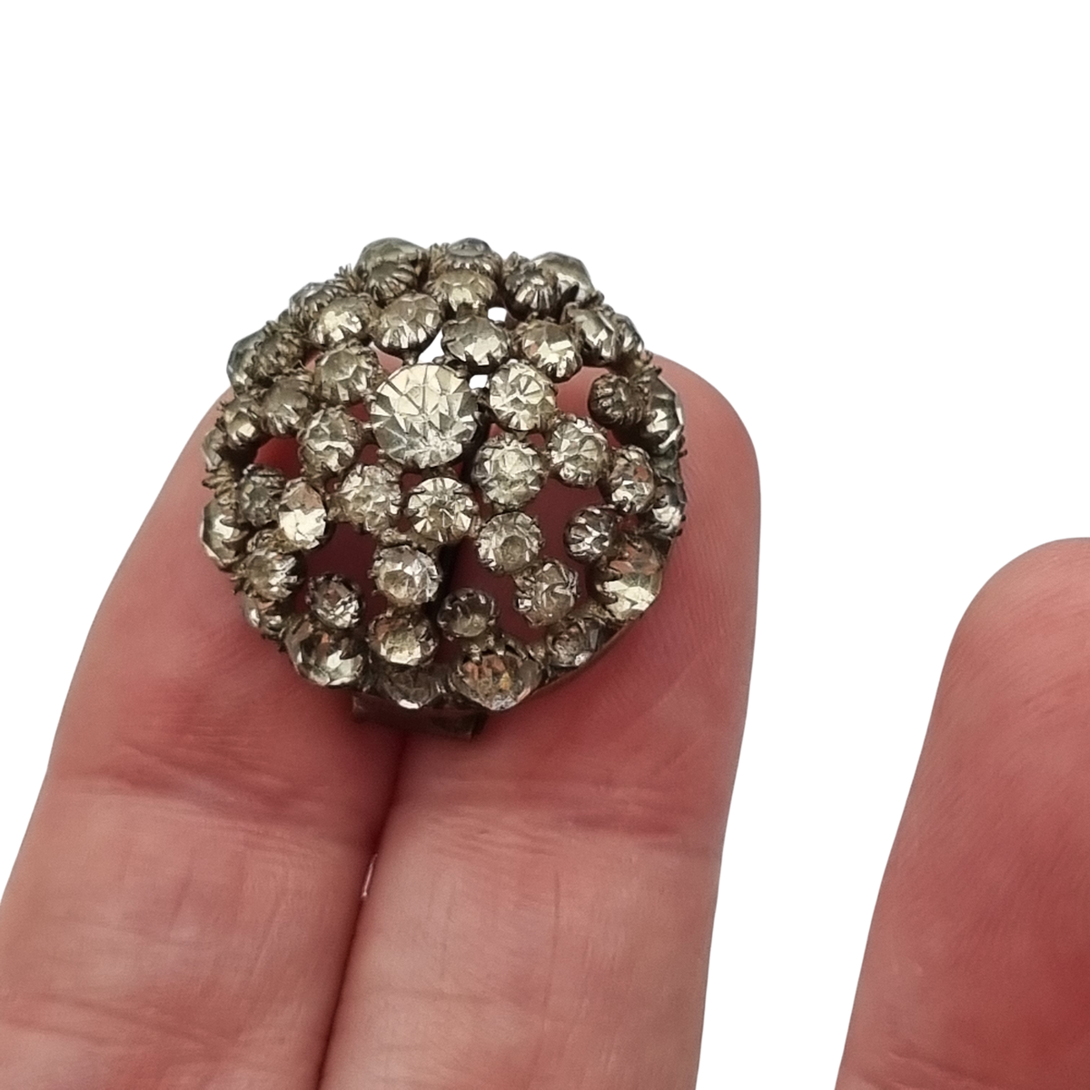 Vintage Art Deco circular button brooch in gold-tone metal and rhinestones, circa 1930-40
