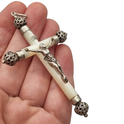 Antique silver and mother-of-pearl hanging crucifix, openwork finials of Neo-Gothic inspiration, Europe, ca. 1900–1930