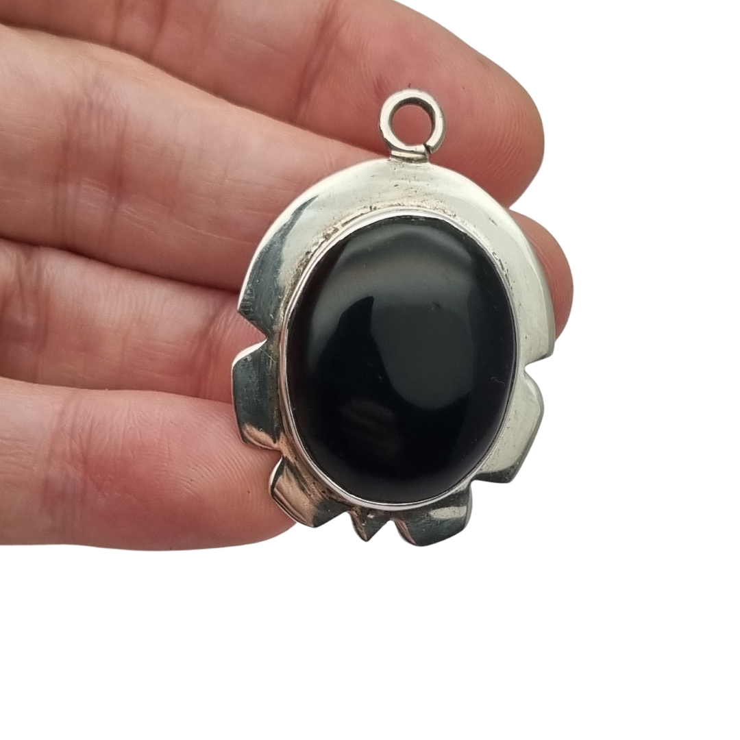 925 Silver Pendant with Black Onyx, Vintage Geometric Boho Jewelry, 1980–1990s Artisan Style