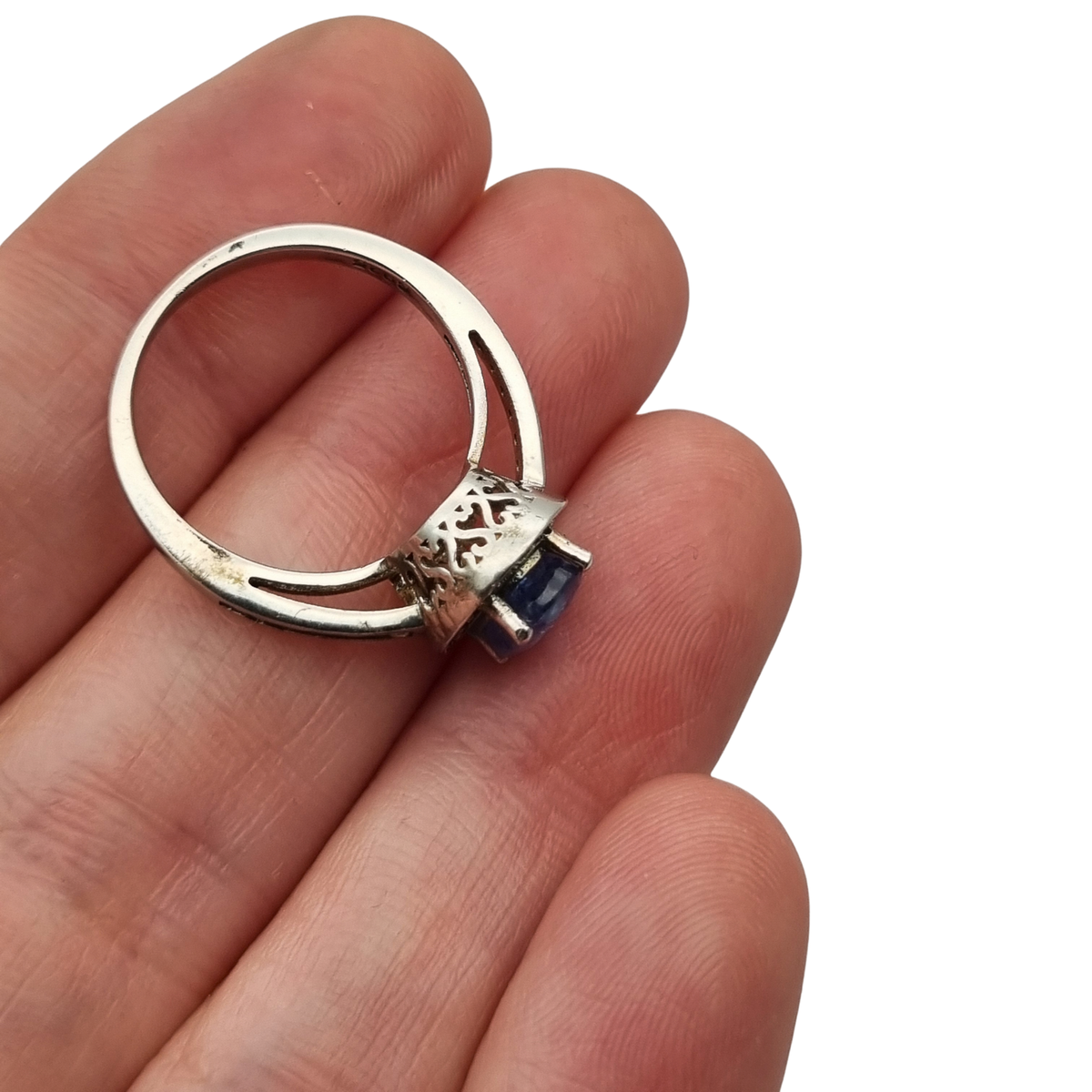 Vintage 925 sterling silver ring with blue stone, Diana style with halo, circa 1990-2000