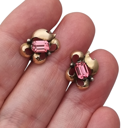 Pendientes antiguos Art Déco catalán de plata con vistas de oro y pedrería rosa, ca. 1940
