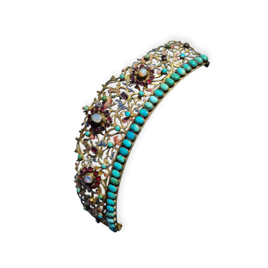 Austro-Hungarian Victorian tiara in gilded silver with turquoise, garnets, and moonstone, late Romantic, c. 1880–1900