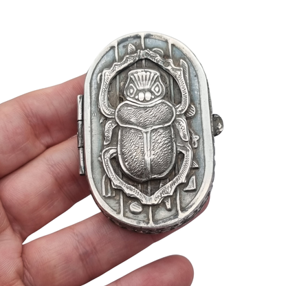 Egyptian silver box with scarab, Egyptian Revival decoration, and hieroglyphic motifs, 20th century, ca. 1945–1970