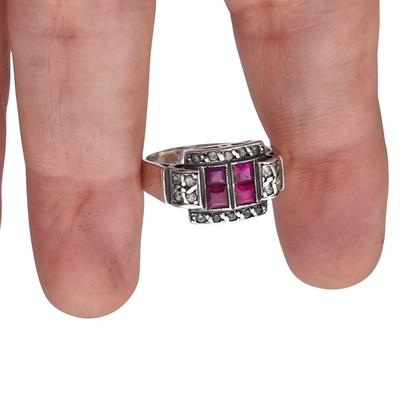 French Art Deco sterling silver ruby and white gemstone ring, circa 1930.