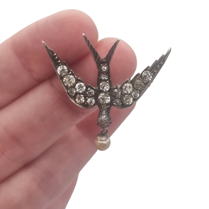 Antique Victorian Sentimental Silver Swallow Brooch with Paste and Pearl, circa 1900