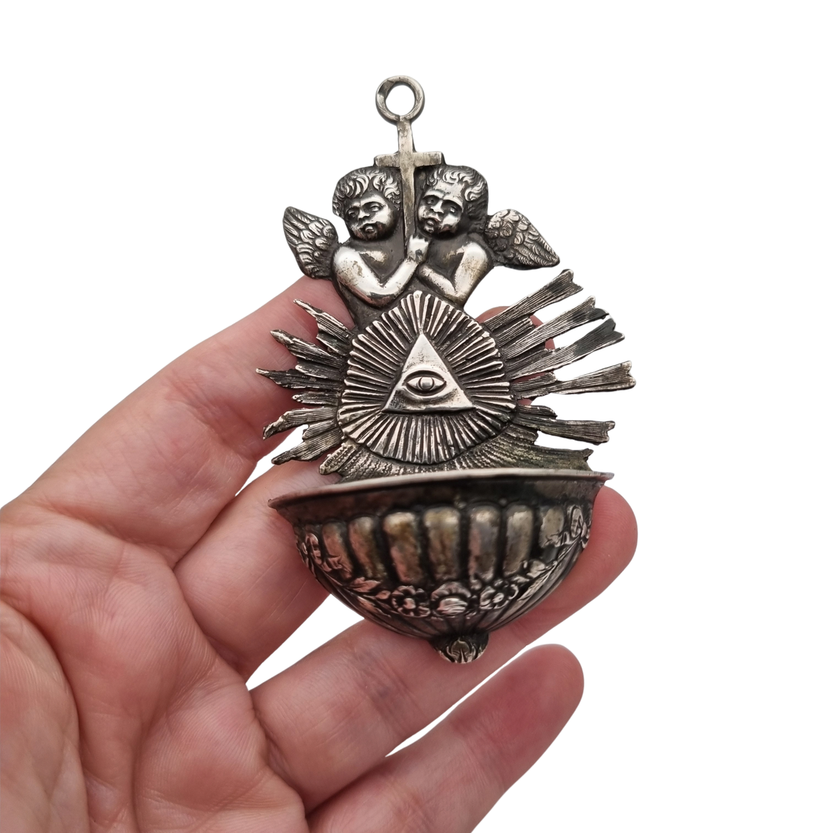 Benditera antigua Ojo de la Providencia de Simon Rosenau en plata 800, Alemania ca. 1890-1910