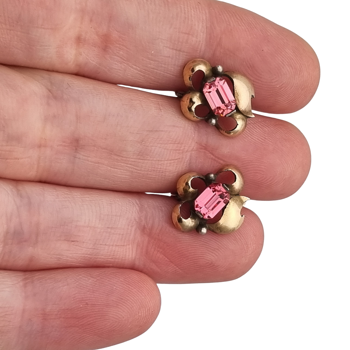 Pendientes antiguos Art Déco catalán de plata con vistas de oro y pedrería rosa, ca. 1940