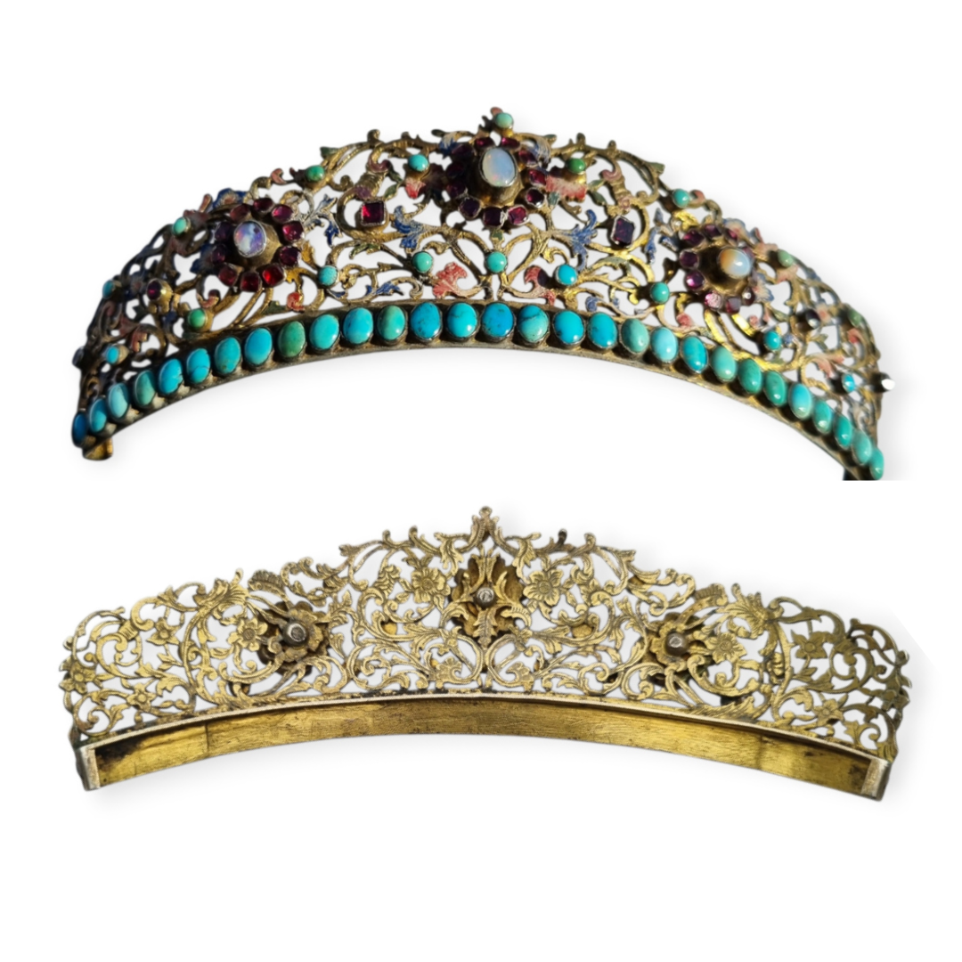Austro-Hungarian Victorian tiara in gilded silver with turquoise, garnets, and moonstone, late Romantic, c. 1880–1900
