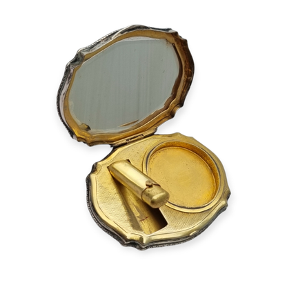 Italian L&N .800 Silver Powder Compact with Mirror and Lipstick Holder, Art Deco Makeup Case, circa 1930