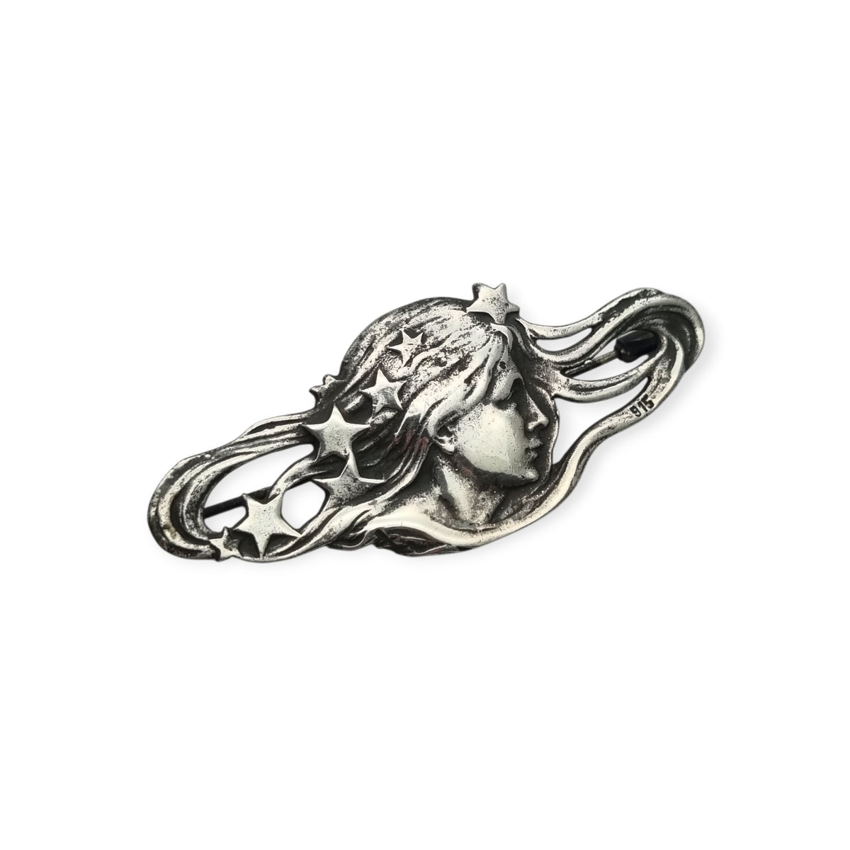 Art Nouveau 915 silver brooch with nymph, stars, and female profile, Europe, circa 1940