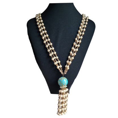 Vintage costume jewelry necklace with pearl tassel and turquoise bead, 1980s