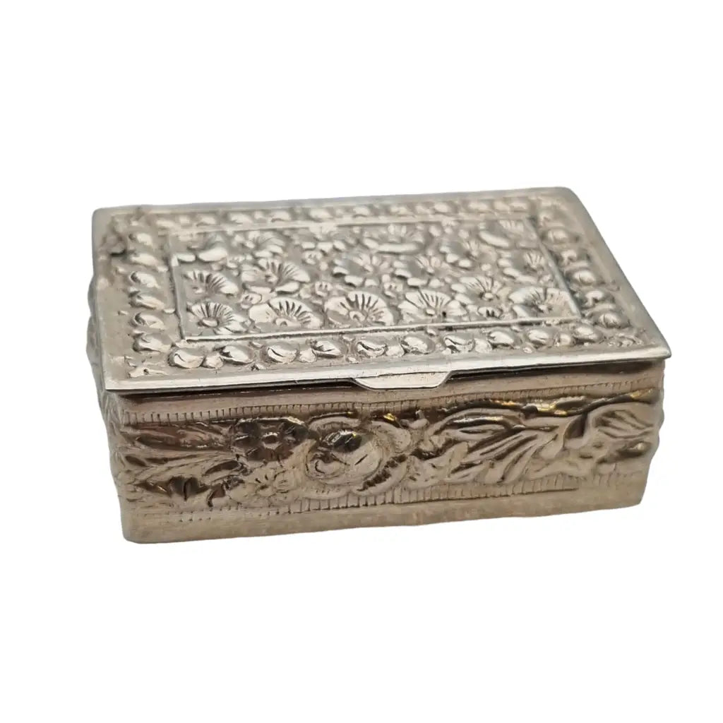 Caja flores de plata pastillero rectangular decorado joyas antiguas y vintage.