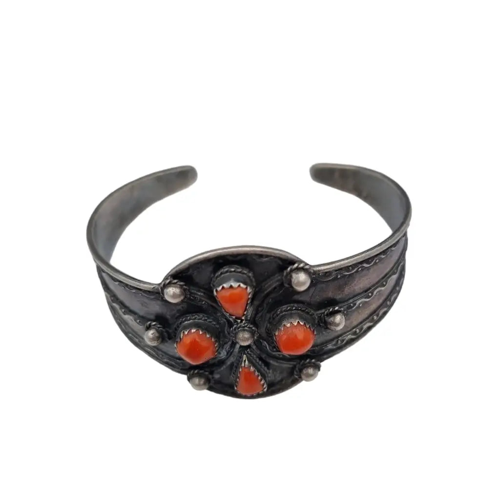 Pulsera boho de plata y coral rojo joyería étnica hecha a mano los años 70.