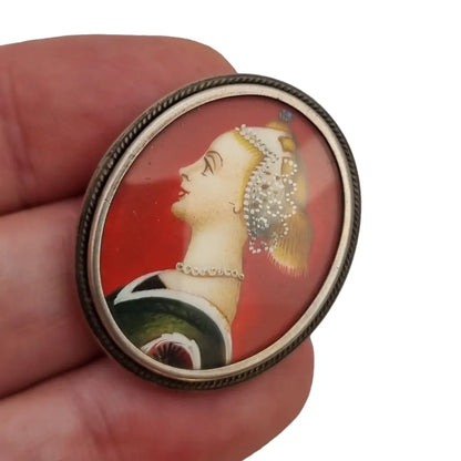 Pintura en miniatura pintada a mano broche colgante de camafeo plata 800.