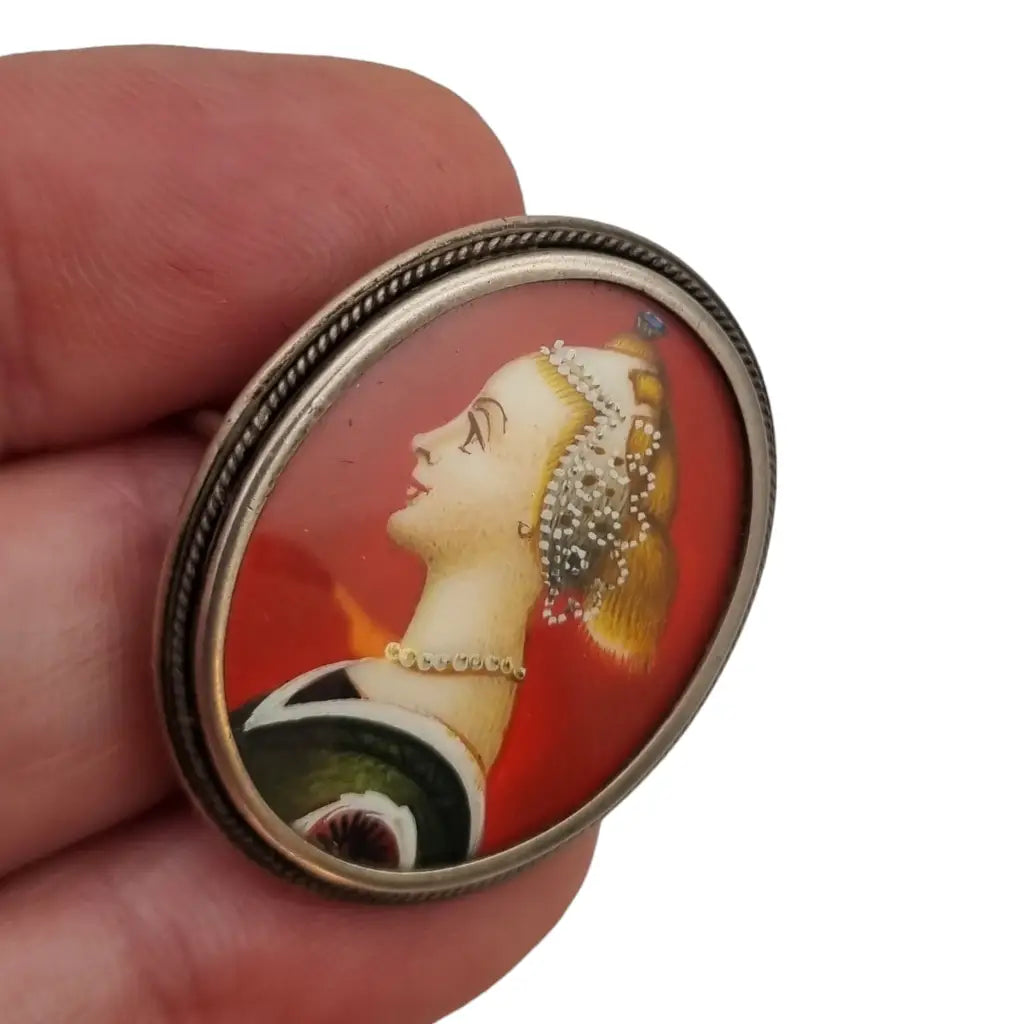 Pintura en miniatura pintada a mano broche colgante de camafeo plata 800.