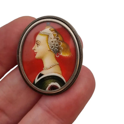 Pintura en miniatura pintada a mano broche colgante de camafeo plata 800.