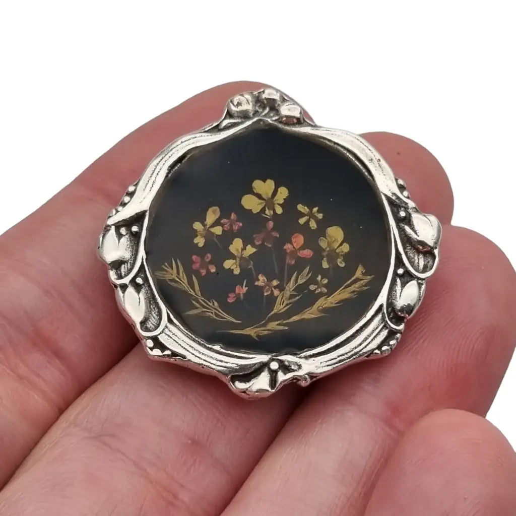 Broche modernista negro de flores y plata 916 regalos joyas antigua vintage.